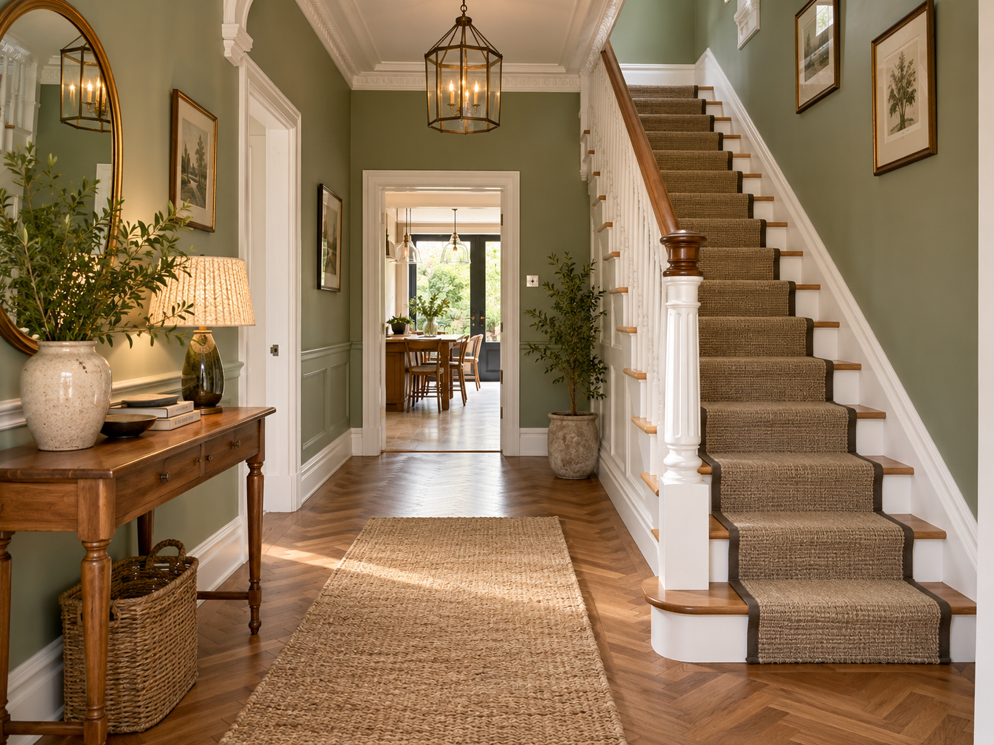 Freshly decorated sage green hallway and staircase with crisp white woodwork