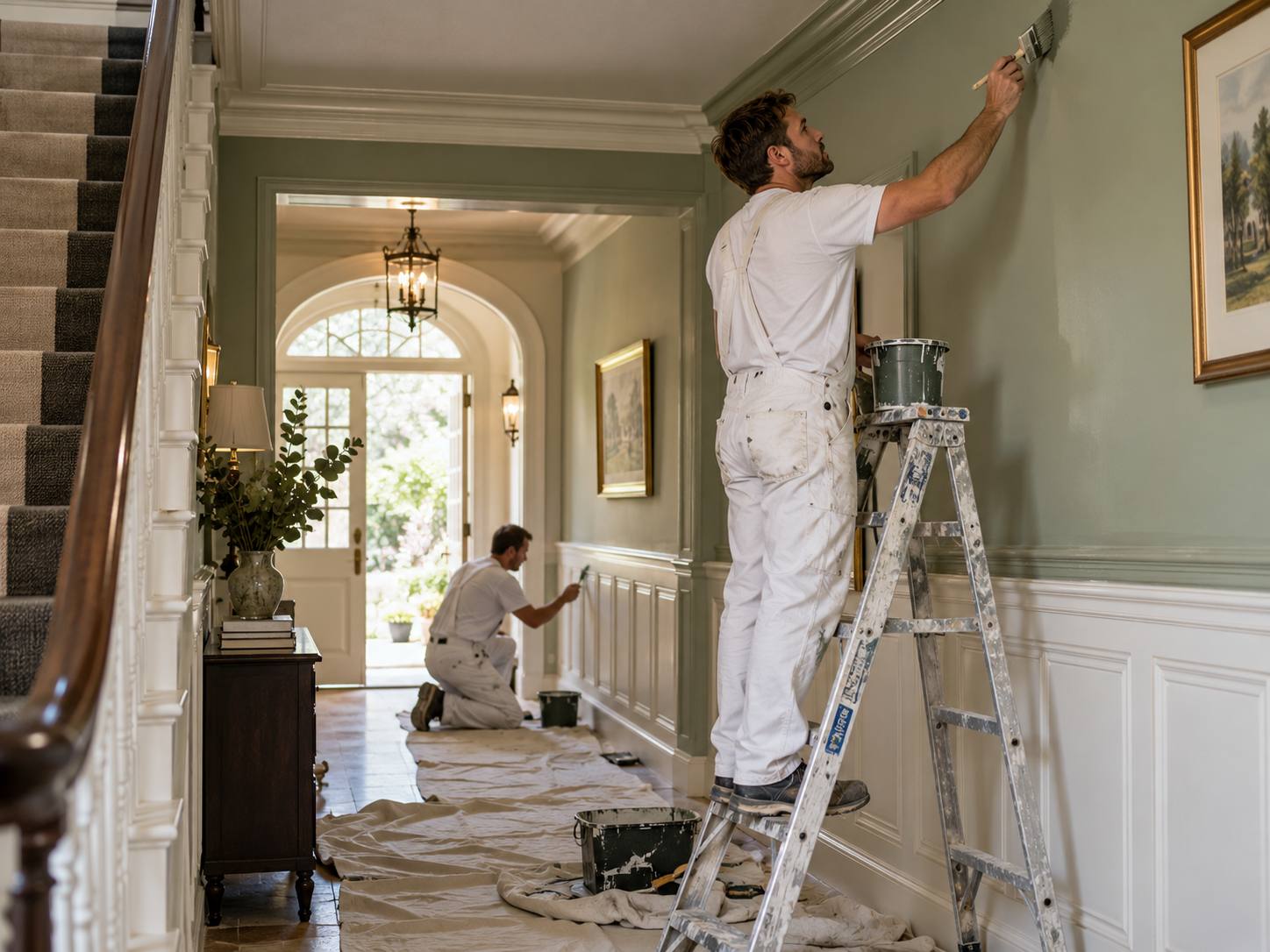 Professional painters decorating a sage green hallway with white panelled woodwork