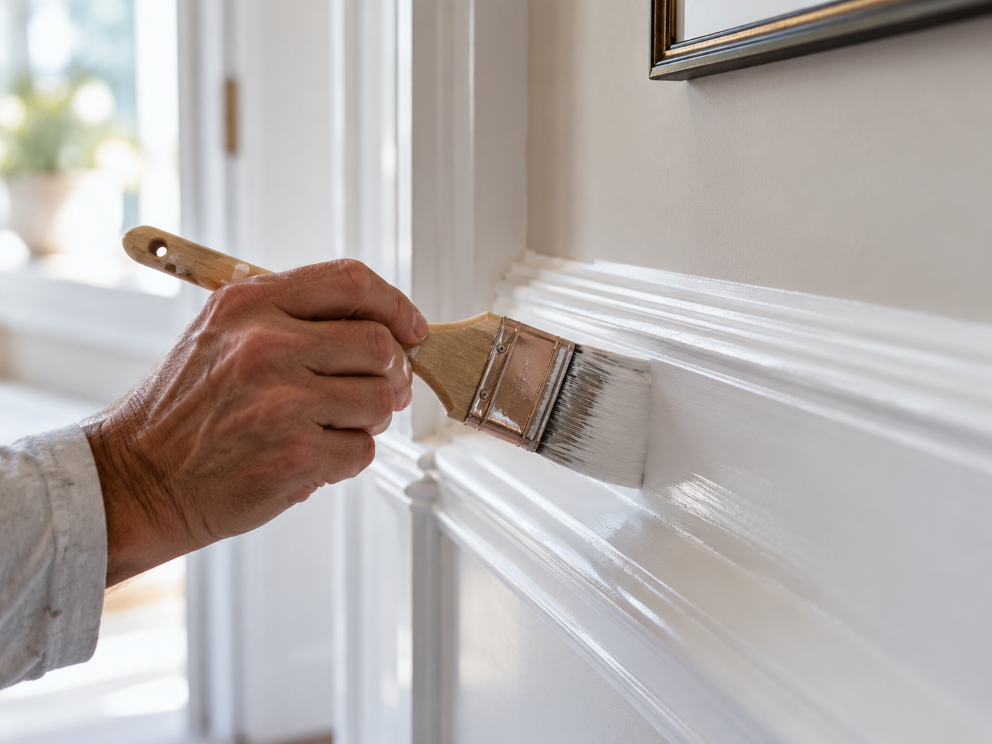Decorator carefully painting detailed white interior trim with a brush
