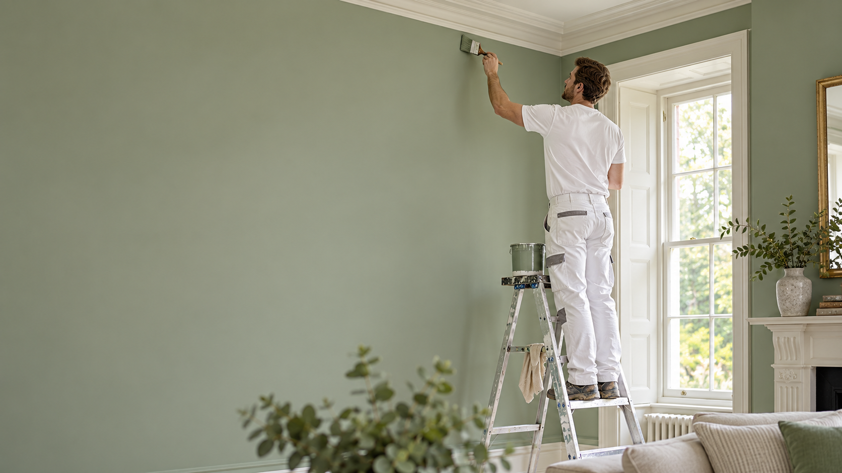Professional decorator painting a sage green wall in a bright room